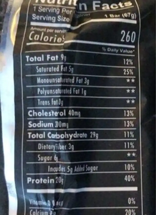 Meal replacement bar nutrition facts table