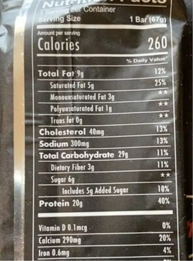 MRE bar nutrition facts table