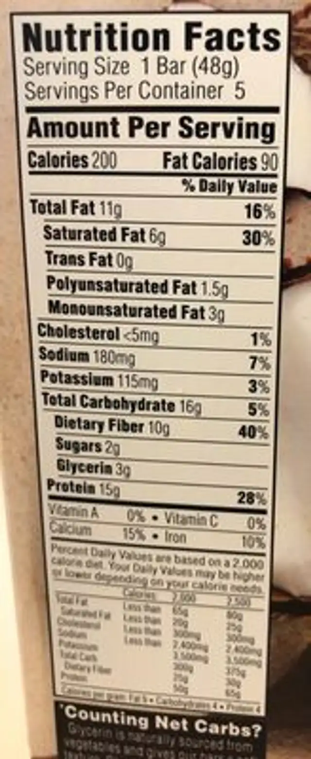 Raspberry chia bar nutrition facts table