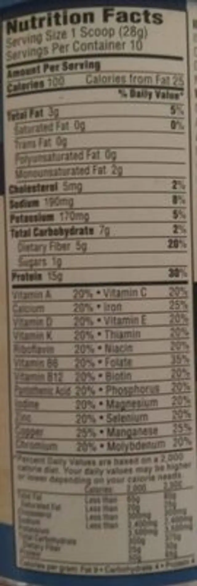 Vanilla Protein Powder nutrition facts table