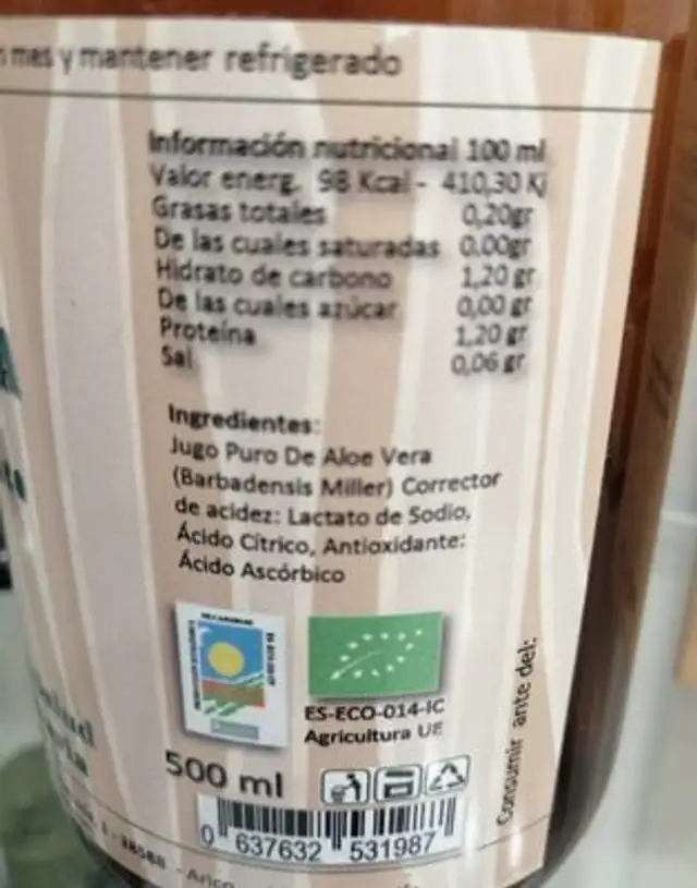 Jugo áloe vera nutrition facts table