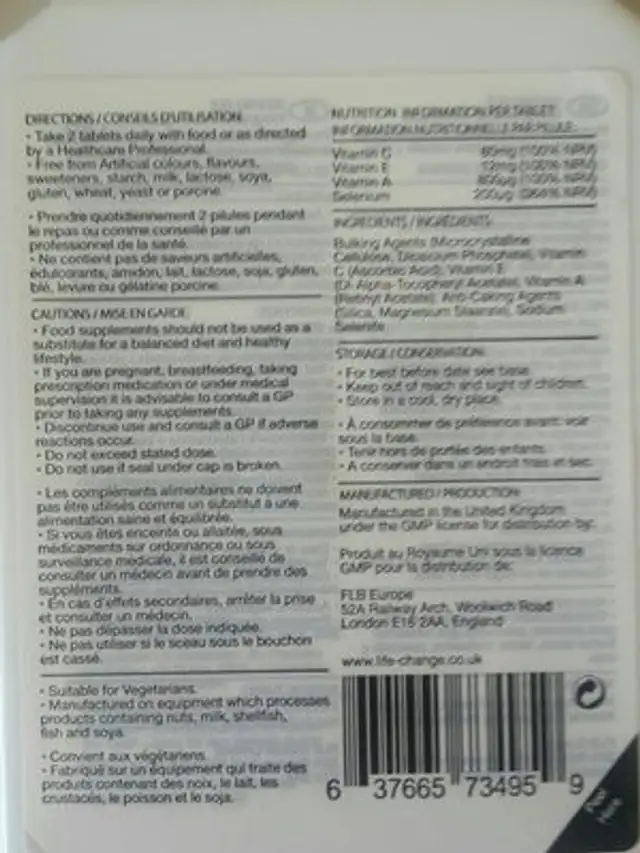 Sélénium ACE ingredients label