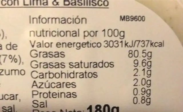 Mayonnaise lime & basil nutrition facts table