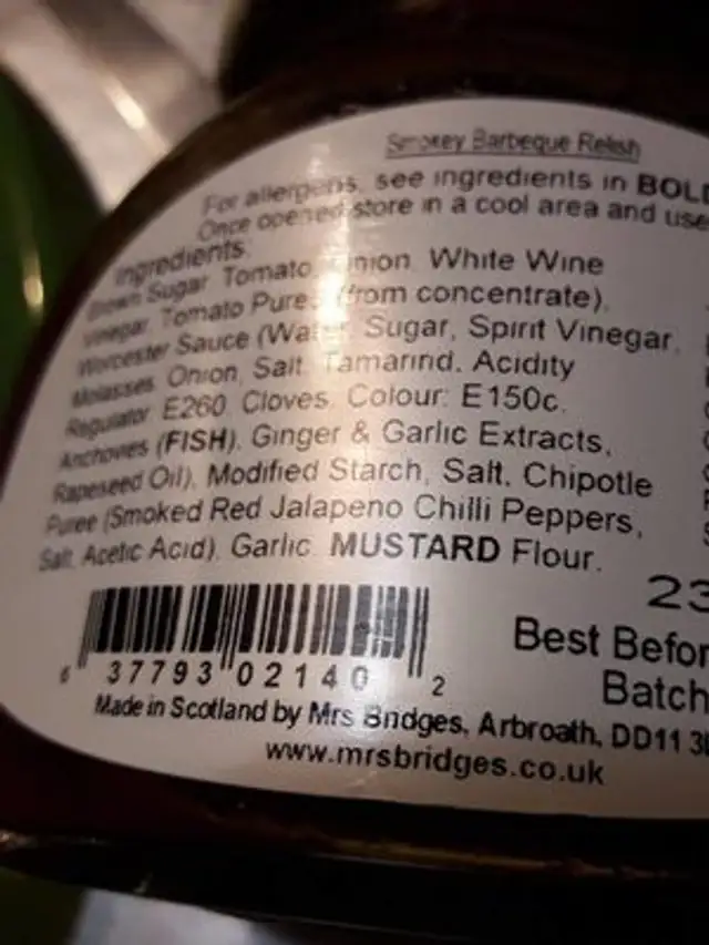 Mrs Bridges Smokey Barbeque Relish Jar ingredients label