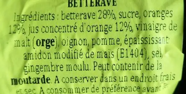 Chutney Orange & Betterave ingredients label