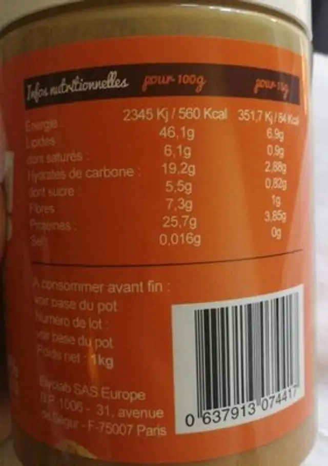 Beurre de cacahuète nutrition facts table
