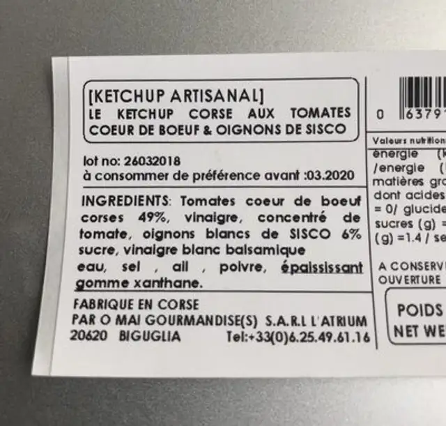 Ketchup Coeur de boeuf Corse ingredients label
