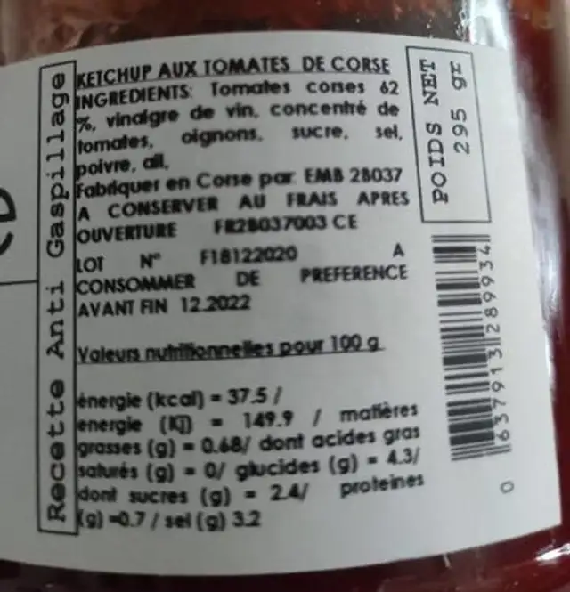 Ketchup aux tomates corses nutrition facts table