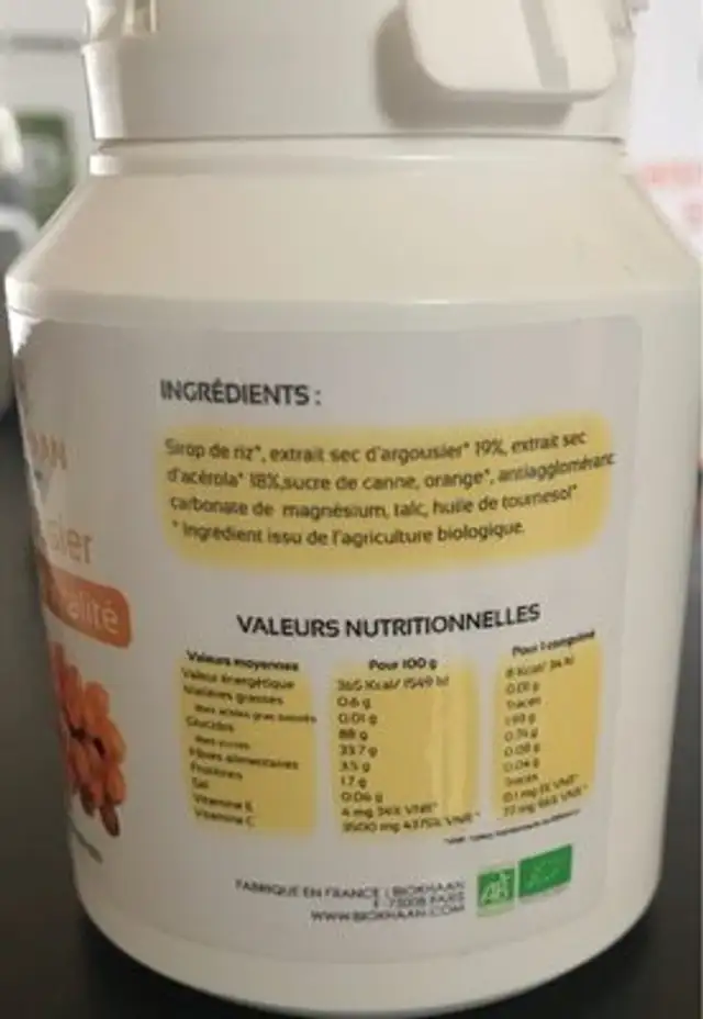 Tonus et vitalité nutrition facts table