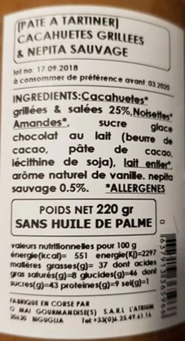 A Gakaüetta ingredients label