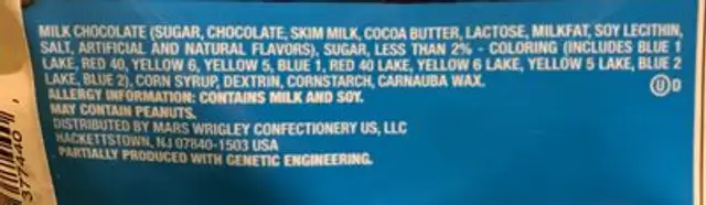 M&M's minis ingredients label