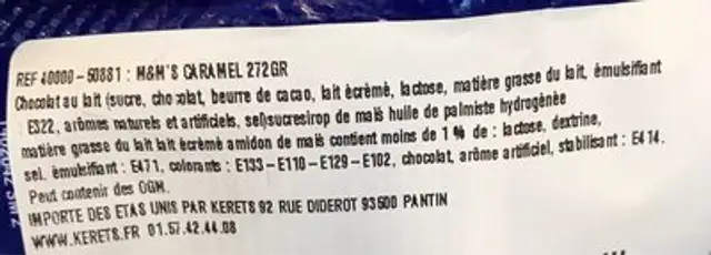 M&M's Caramel ingredients label