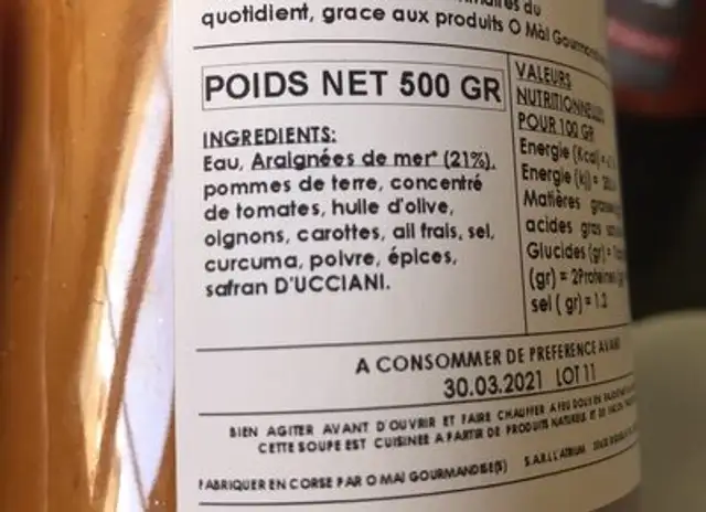 Soupe d'araignee de mer du golfe de saint florent ingredients label