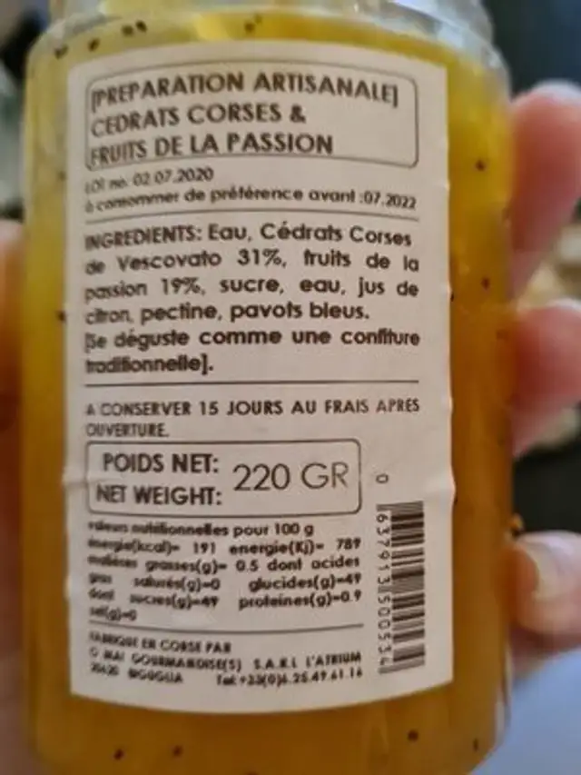 Confiture fruit de la passion et graine de pavot nutrition facts table