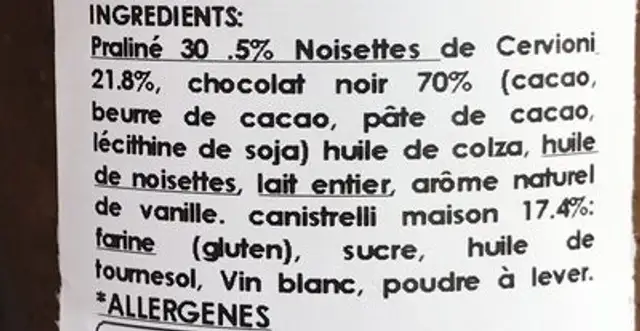 Pâte à tartiner ingredients label