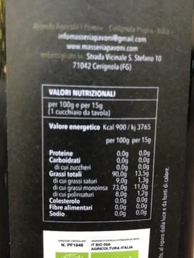 Pavoni ingredients label