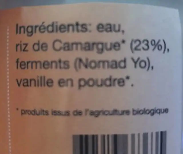 Crèm'riz vanille ingredients label
