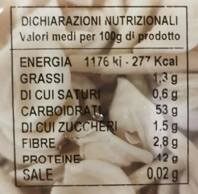 Maritati nutrition facts table