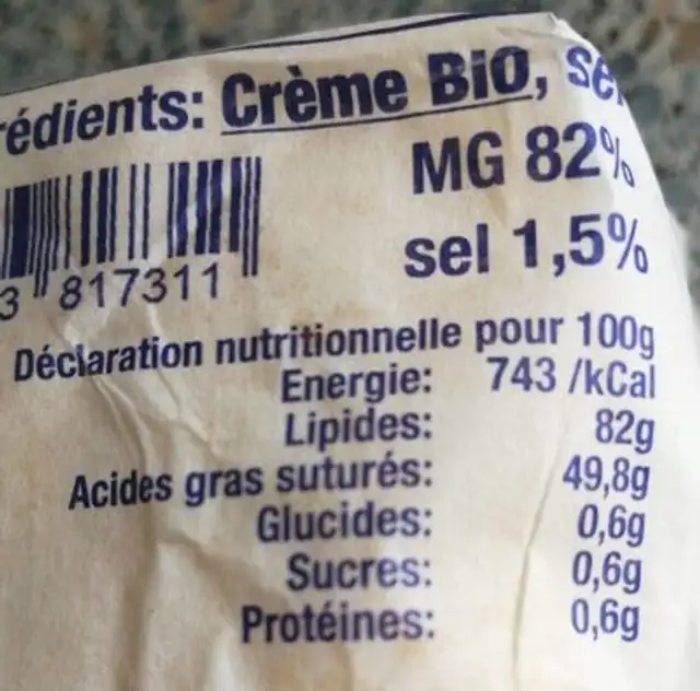 Beurre de ferme nutrition facts table