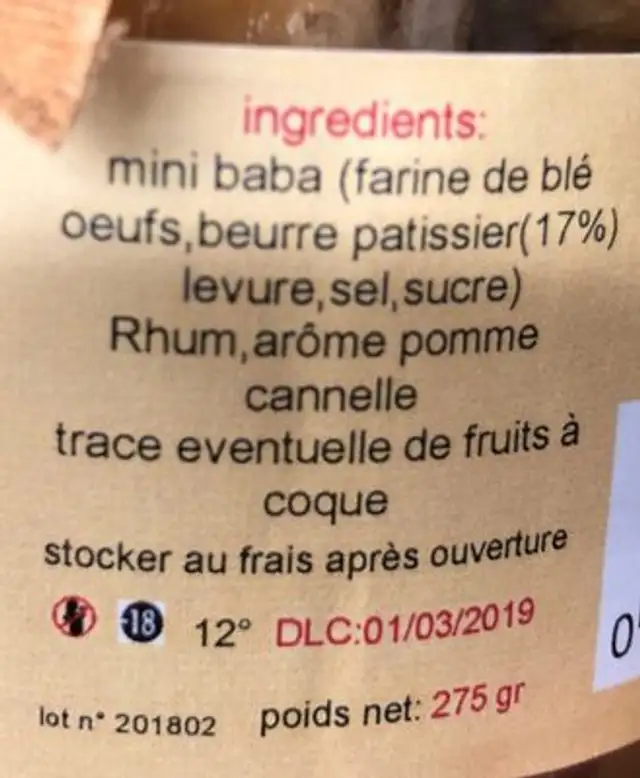 Baba au rhum ingredients label
