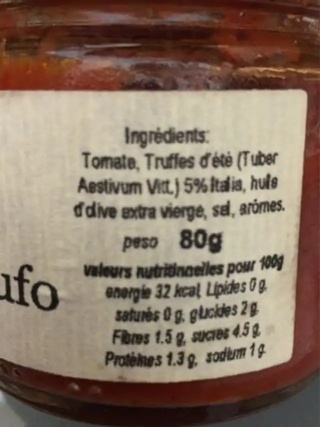 Pomodoro e Tartufo nutrition facts table