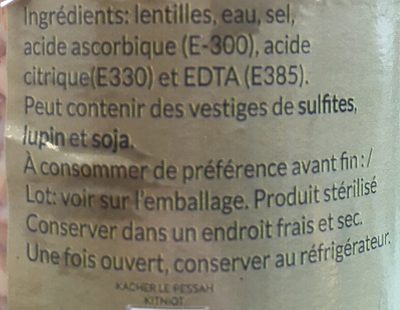Lentilles ingredients label