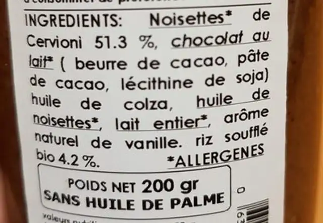 A Crunchiella ingredients label