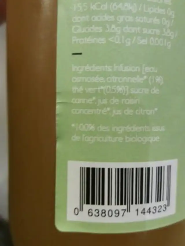 Véritable thé vert à la citronnelle infusée bio ingredients label