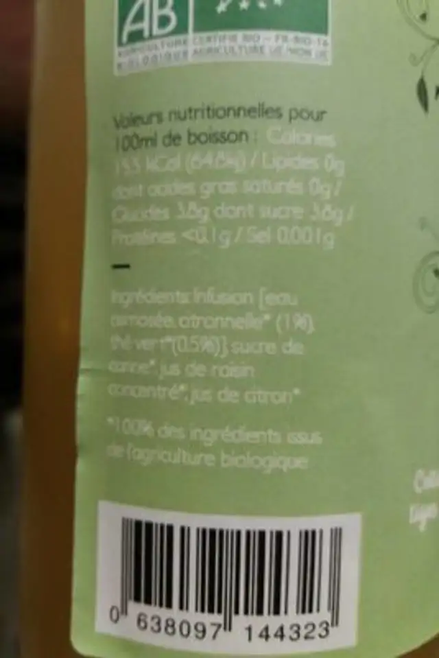 Véritable thé vert à la citronnelle infusée bio nutrition facts table