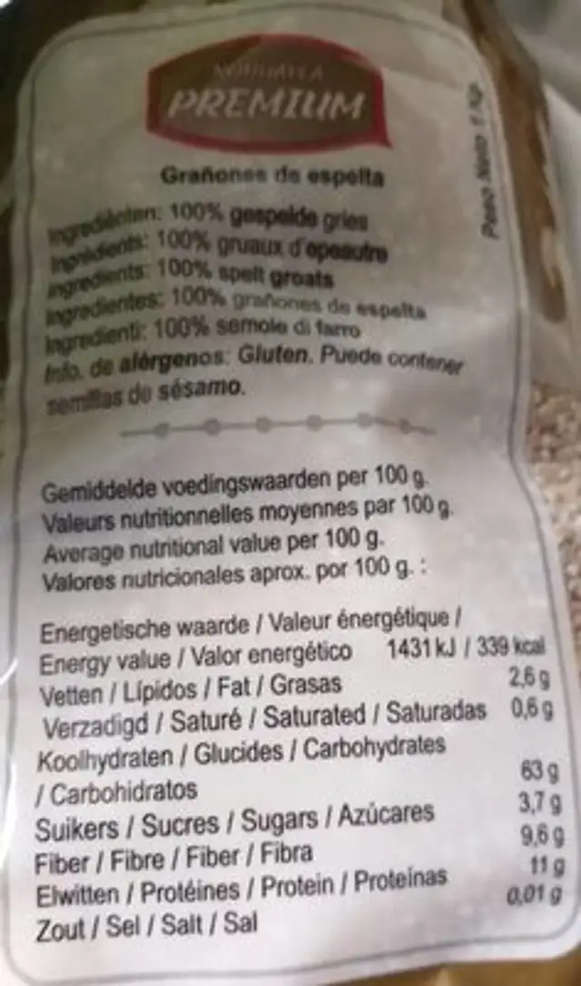 Grañones de espelta nutrition facts table