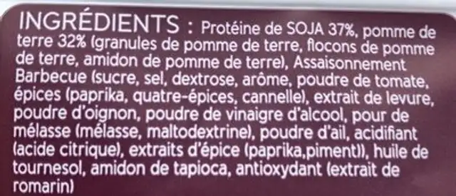 Chips soja ingredients label