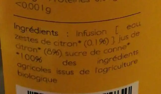 Véritable citronnade avec du vrai jus pressé ingredients label