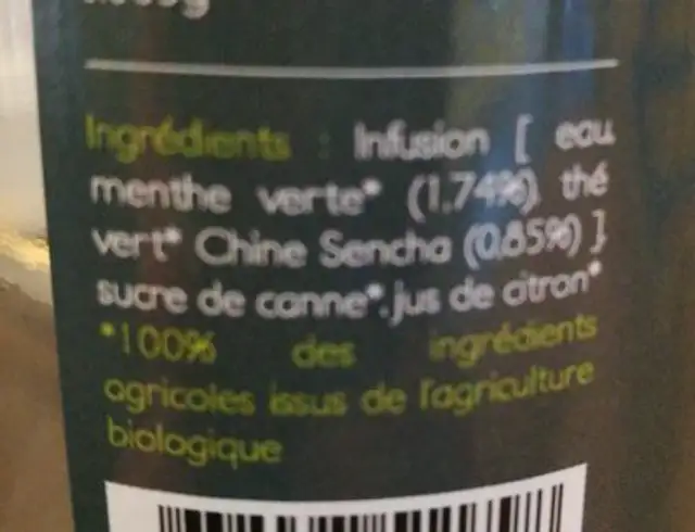 Véritable thé vert à la menthe infusée ingredients label
