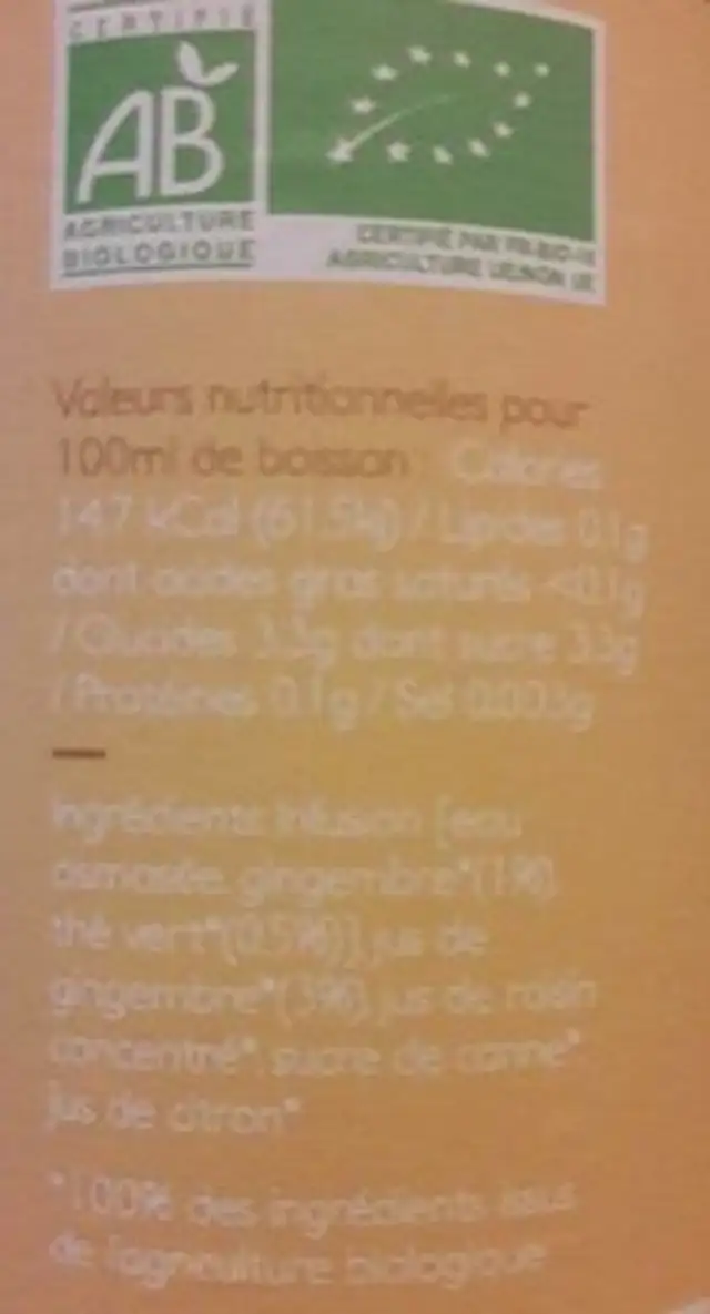 Véritable THÉ VERT au gingembre infusé nutrition facts table