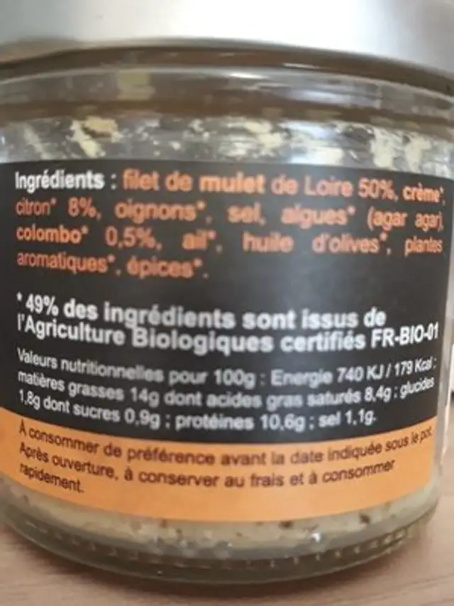 Mulet au colombo et citron ingredients label