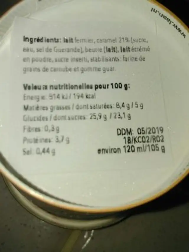 Sancy Glace noisette grillée ingredients label