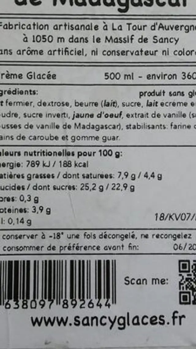 Vanille de Madagascar nutrition facts table