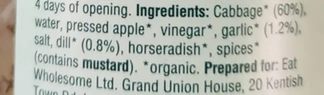 Dill & Garlic Sauerkraut ingredients label