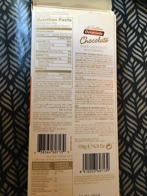 Dark chocolate with orange ingredients label