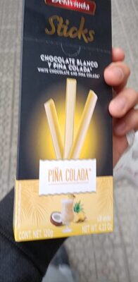 Sticks chocolate blanco y piña colada front packaging