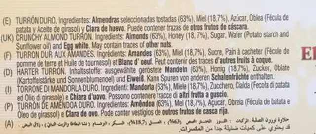 Turrón Duro ingredients label