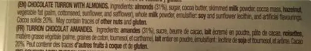 El Almendro Chocolate and Almond Turron ingredients label