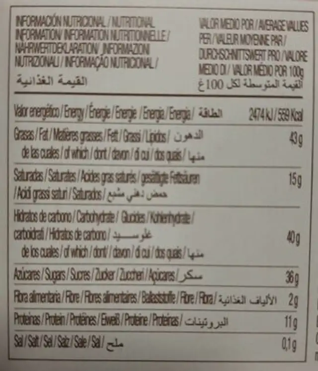 El Almendro Chocolate and Almond Turron nutrition facts table