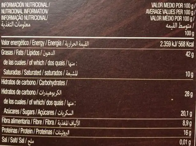 Barritas de almendra nutrition facts table