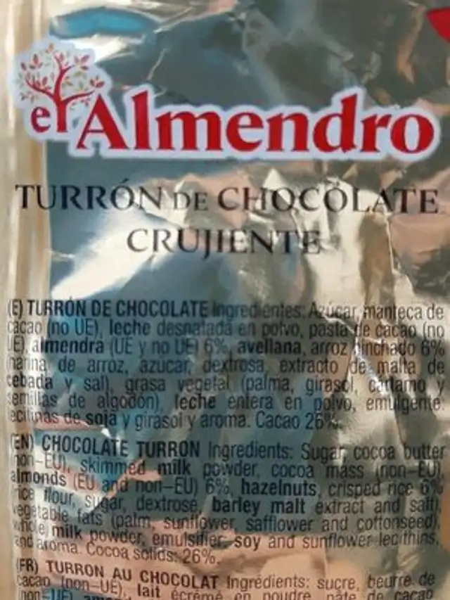 Turrón de chocolate ingredients label