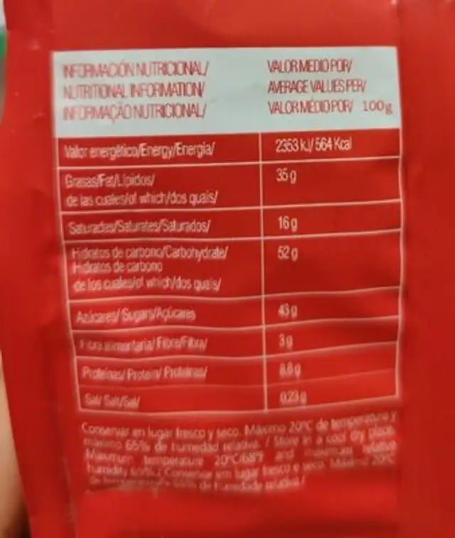 Turrón de chocolate nutrition facts table