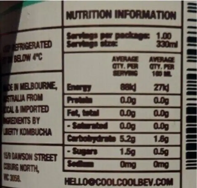 Liberty Kombucha pomegranate nutrition facts table