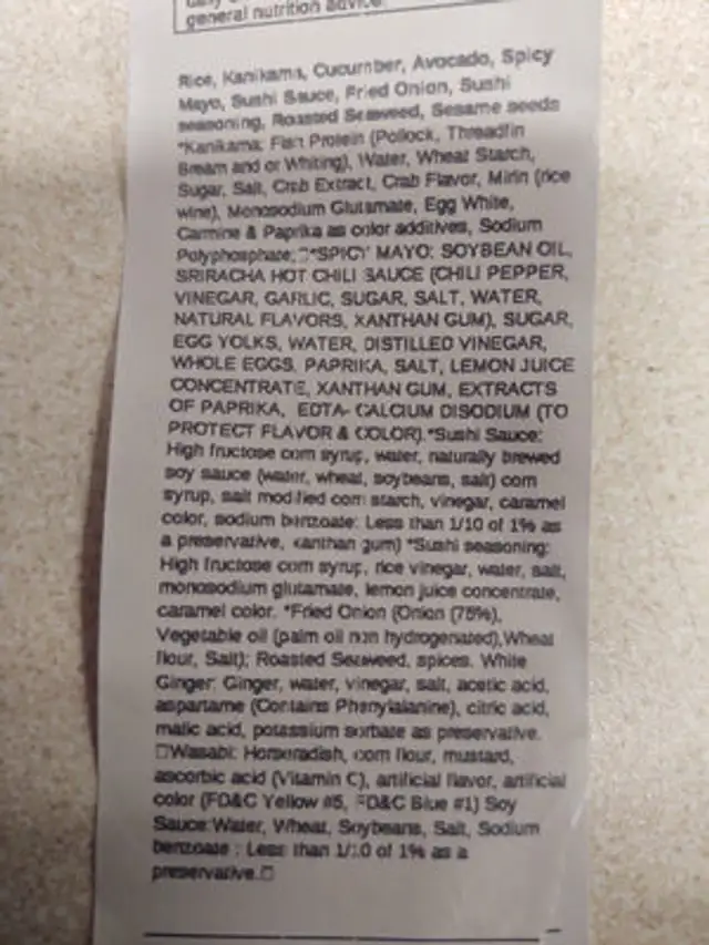 sushi box ingredients label