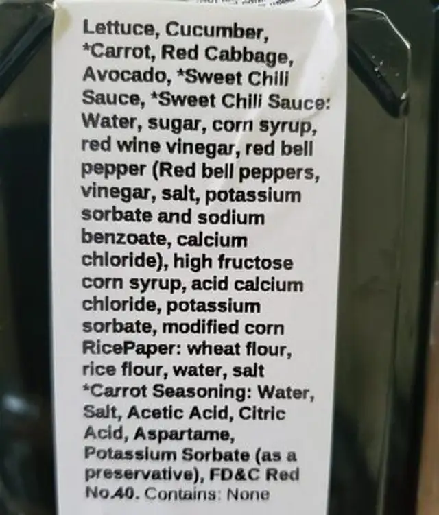 Garden wrap ingredients label
