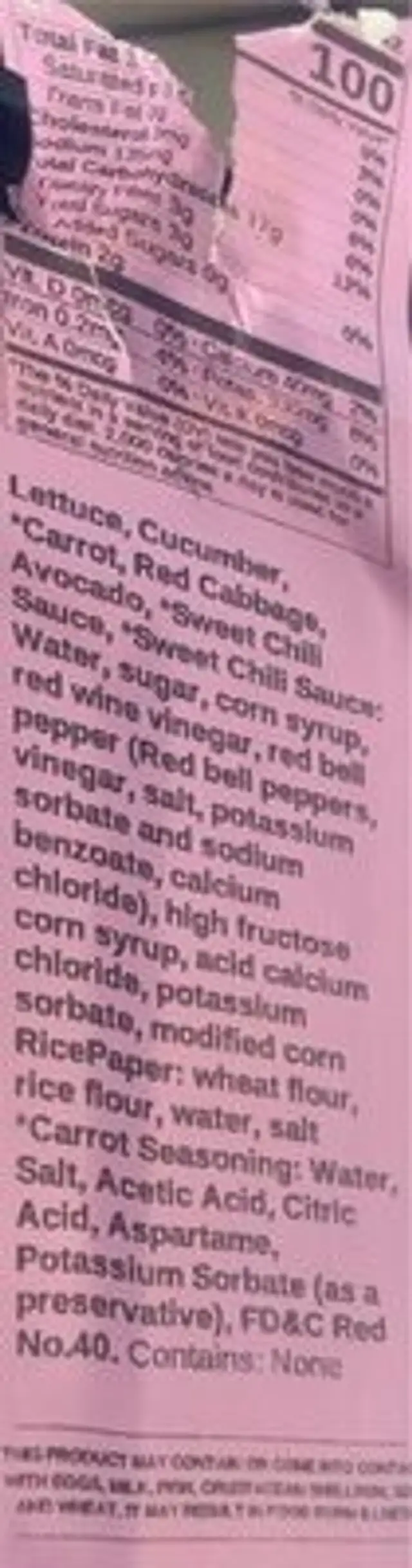 Garden wrap nutrition facts table